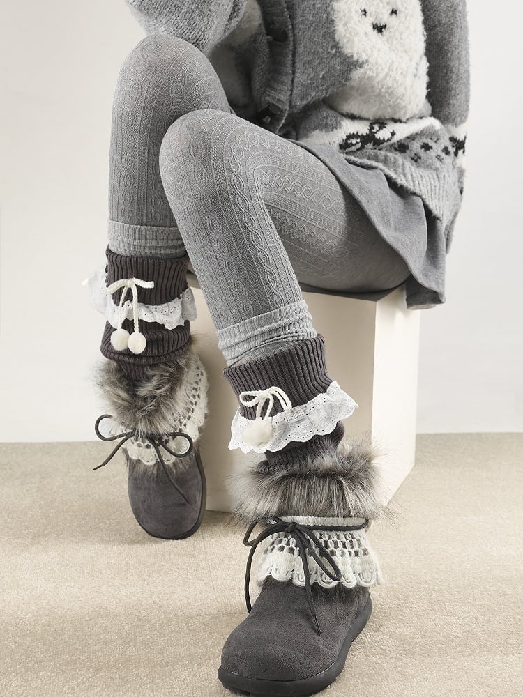 Warmers with Lace Collar 5 Pom-Poms Colors Trim Leg Turn-Down