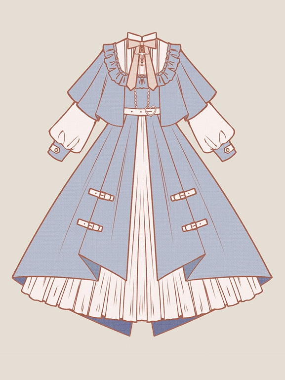 Long Dress Sleeves Collar and Beige Banded Lolita Cape Blue Design