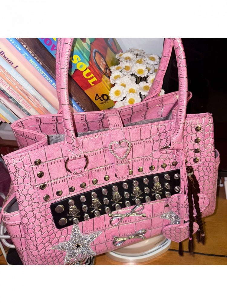 Y2K Vintage Handbag with Studs and Buckle Accent - Black Cherry Sauce