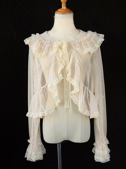 Lolita Bowknots with Sheer Ruffled and Top Trim Apricot Lace