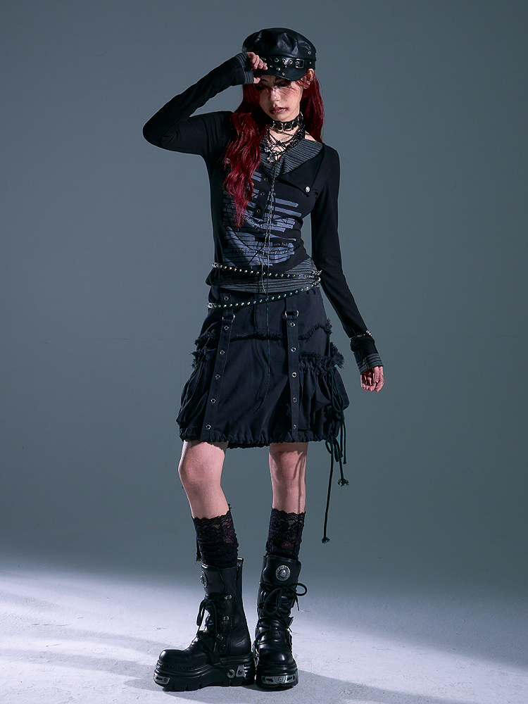 Distressed Side - Design Black Skirt Punk Pockets Drawstring