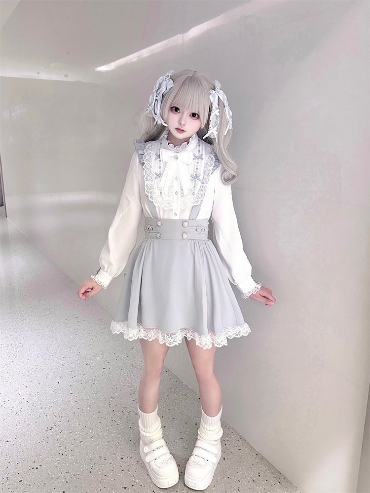 Bow with Ruffle White Included Jirai Free Blue and Neckline Kei Blouse Tie | Dusty