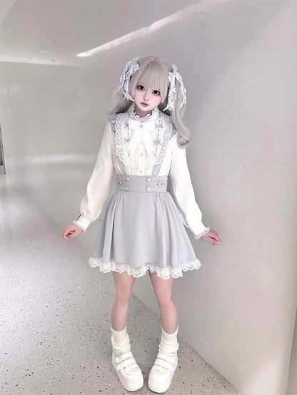 Bow with Ruffle White Included Jirai Free Blue and Neckline Kei Blouse Tie | Dusty