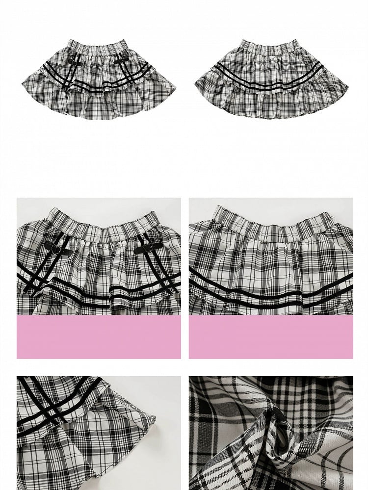 Tiered Pattern with Plaid Buckles Mini Heart Ruffles Skirt