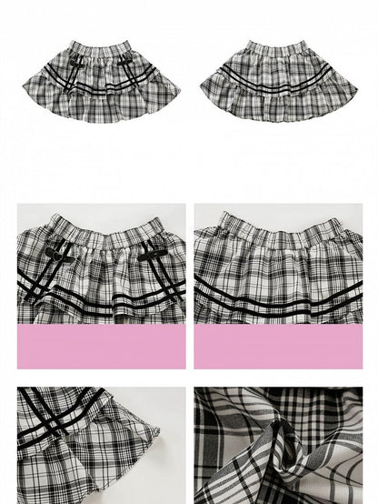 Tiered Pattern with Plaid Buckles Mini Heart Ruffles Skirt