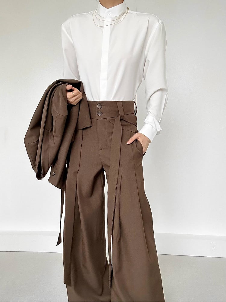 Two-Button Side Ouji Fly Wide-Leg Lolita Coffee with Ribbons Pants