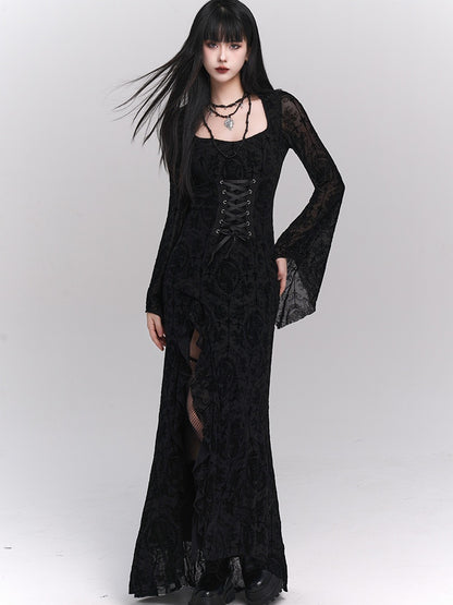 Gothic Black Bell Sleeves Side Slit Rosette Lace Dress with Lace-up Detail