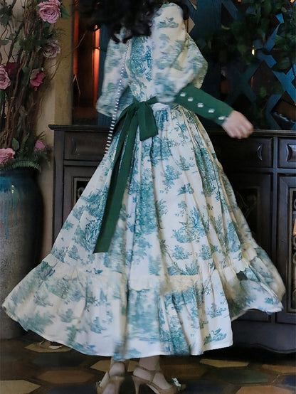 ダークグリーンのヴィンテージフローラルレーストリムスクエアネックラインレッグオブマトンスリーブドレス