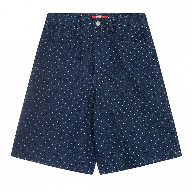 Dark Blue Wide Leg Denim Shorts with Polka Dot Pattern - Languid Park