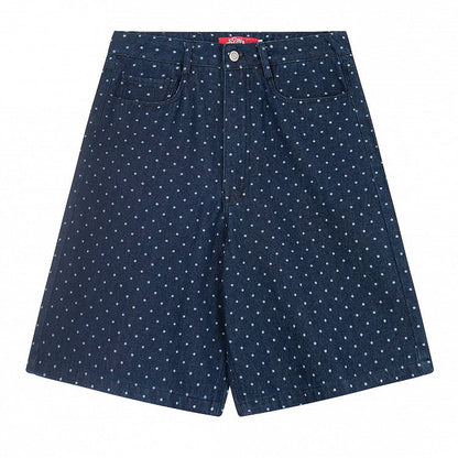 Dark Blue Wide Leg Denim Shorts with Polka Dot Pattern - Languid Park