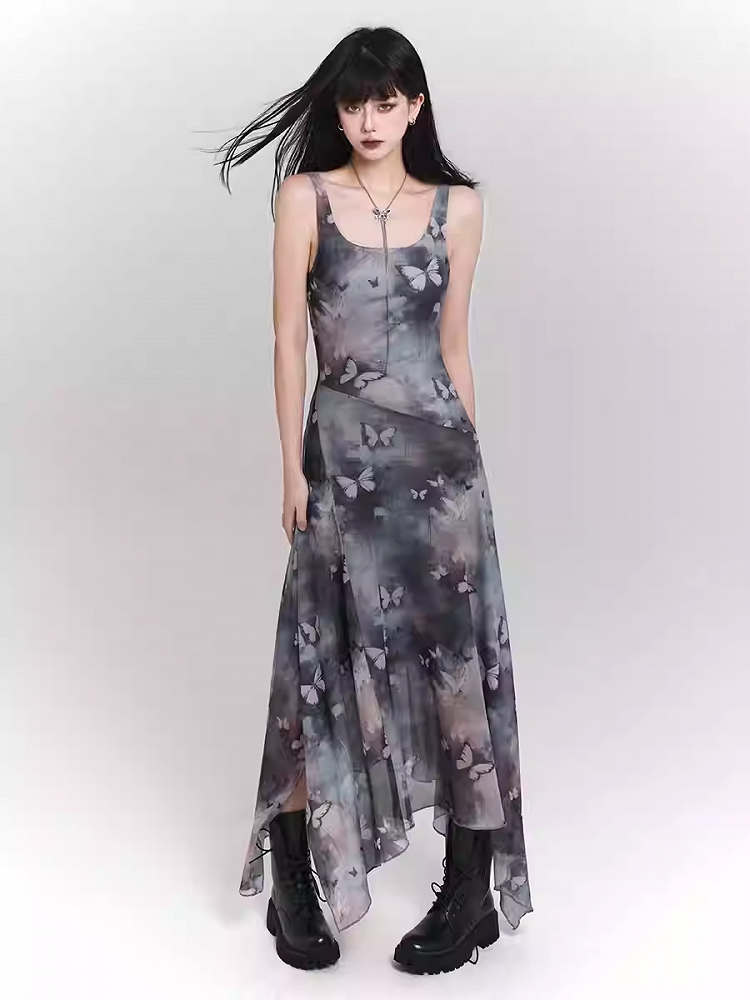 Blue & Purple Butterfly Print Asymmetrical Hem Sleeveless Dress