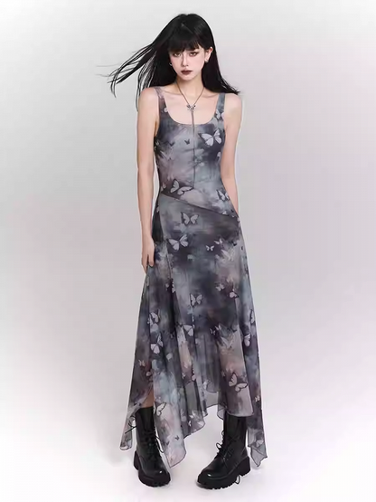 Blue & Purple Butterfly Print Asymmetrical Hem Sleeveless Dress