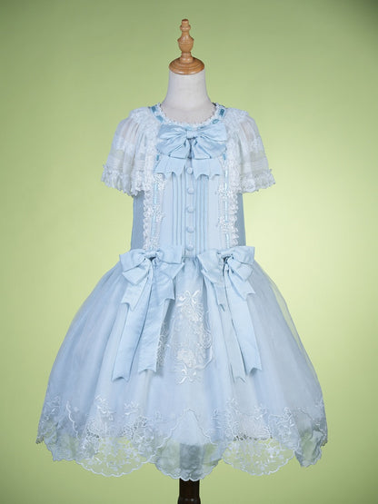 Blue Flutter Sleeve Lolita Dress with Bows and Scallop Trim