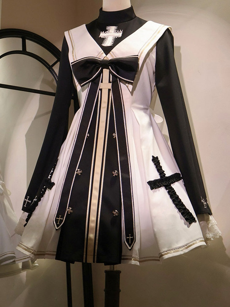 白と黒の修道女ロリータドレスフルセット - ベルスリーブ修道女ドレス + 白ケープ + 黒リボンアクセサリー