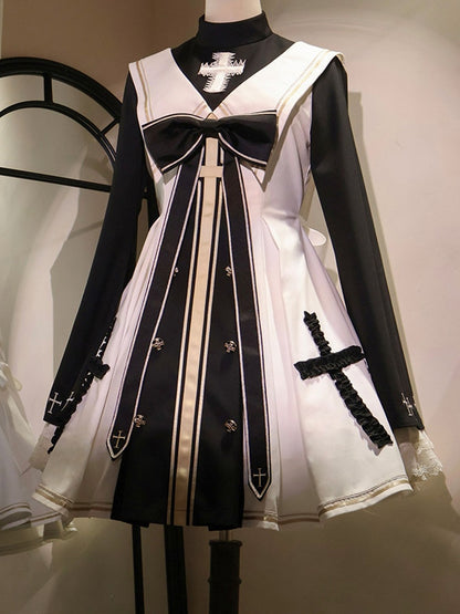 白と黒の修道女ロリータドレスフルセット - ベルスリーブ修道女ドレス + 白ケープ + 黒リボンアクセサリー