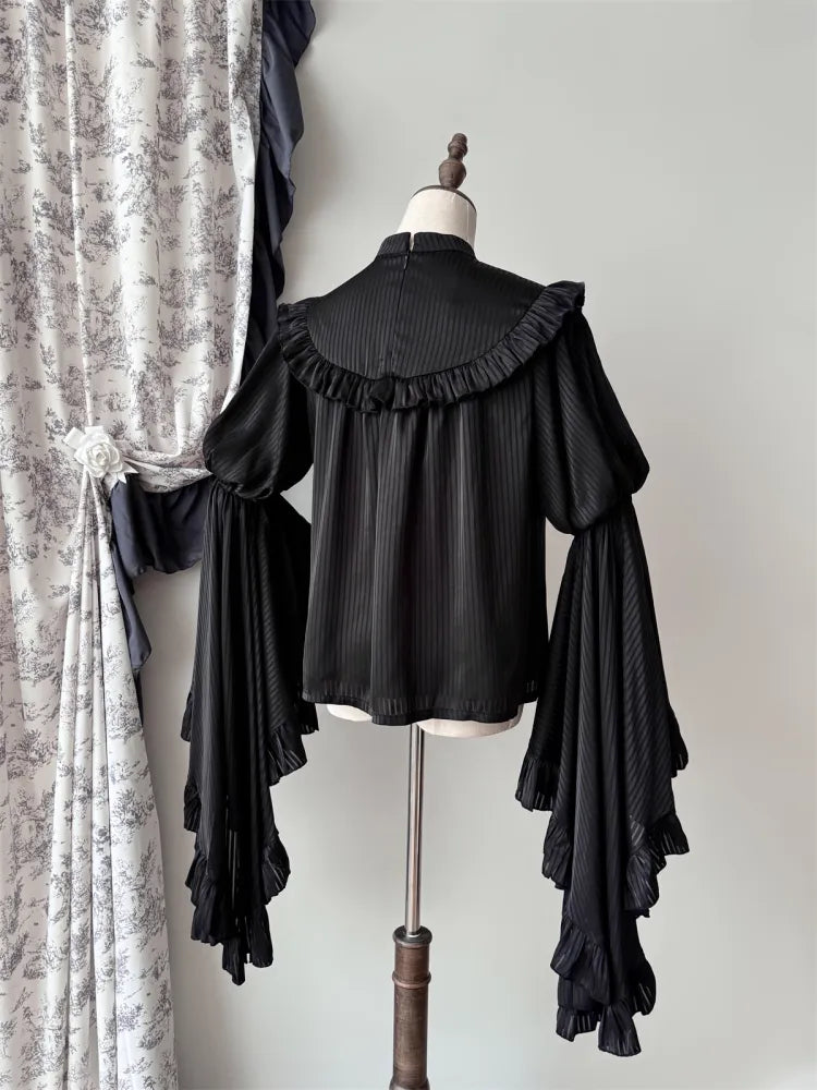 Flounce Trim Gothic Black Blouse Bell Sleeves