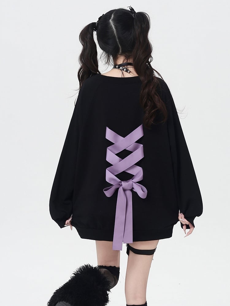 Round Neck Graphic Sweatshirt Self-tie Bowknot at Back Pink/Black