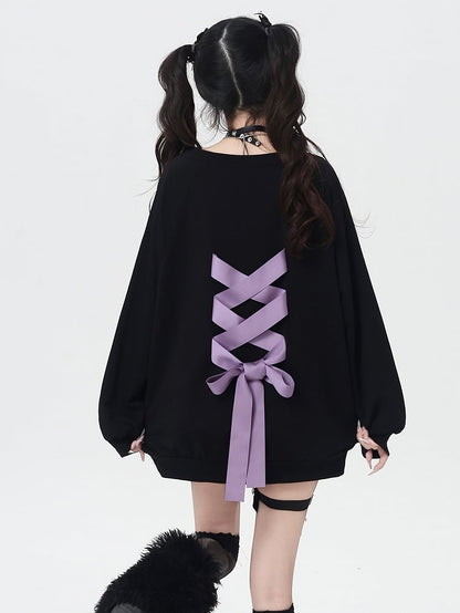 Round Neck Graphic Sweatshirt Self-tie Bowknot at Back Pink/Black