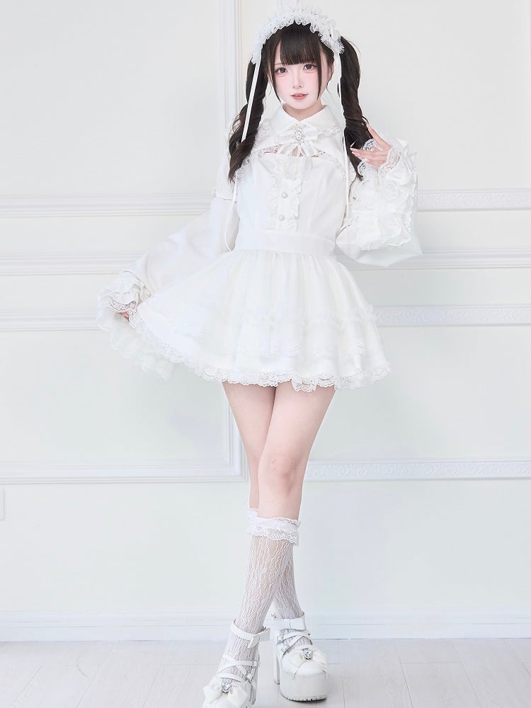 Gothic with Sleeves Skirt Bell Jirai Detachable Tiered Kei Dress White Lace
