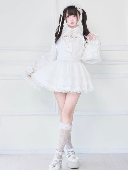 Gothic with Sleeves Skirt Bell Jirai Detachable Tiered Kei Dress White Lace