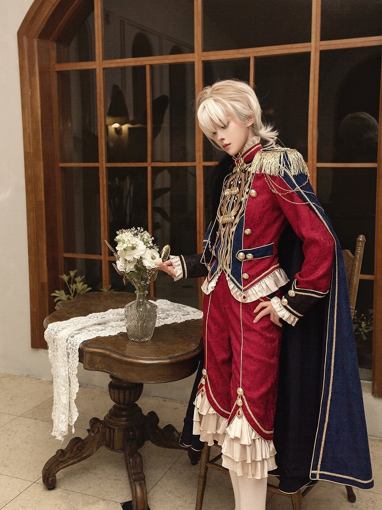 Goldenes Top + Ketten, lang, wunderschöner Stil, Prinzenärmel, blau mit Hose, königlich roter Umhang