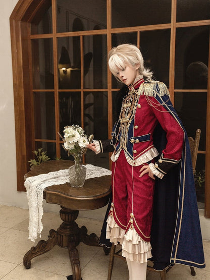 Golden Top + Chains Long Gorgeous Style Prince Sleeves Blue with Pants Royal Red Cape