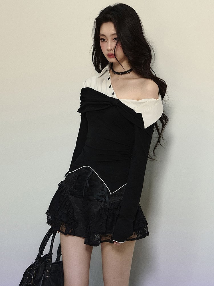 Black and White Fake Two-piece Asymmetrical Neckline Top