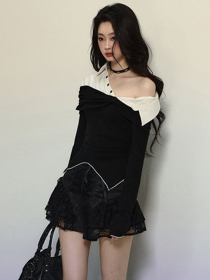 Black and White Fake Two-piece Asymmetrical Neckline Top