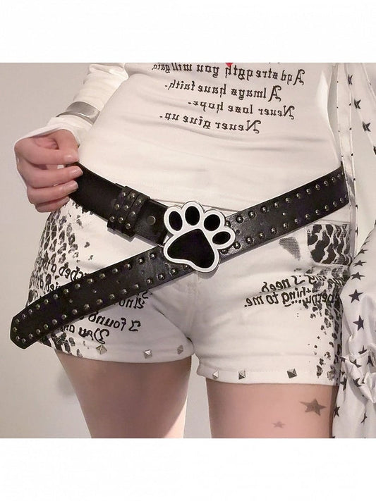 Black White Cat Paw Belt with Stud Decor - WhaleHall
