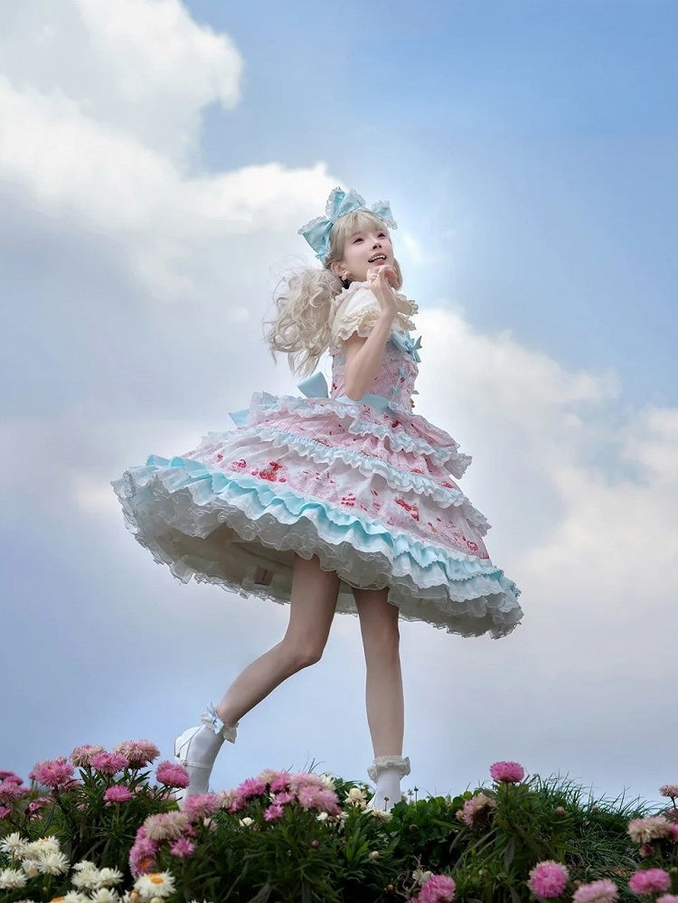 Blue Cherry Cake Print Sweet Lolita Dress with Bow Details - Strawberry Fantasy