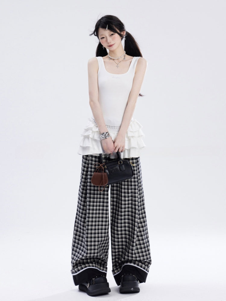 ブラックホワイトチェック柄ローウエストストレートレッグパンツ