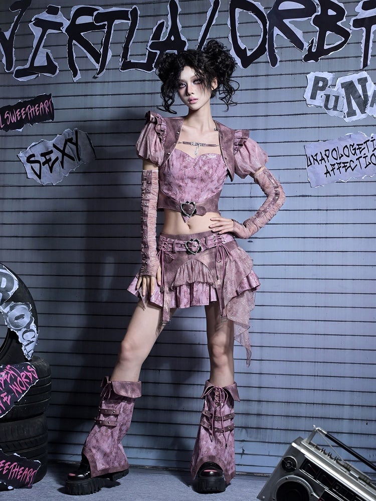 Pastel Rhinestone Cami Y2K Sequin Denim Buckle Top Punk Heart with Belt Pink