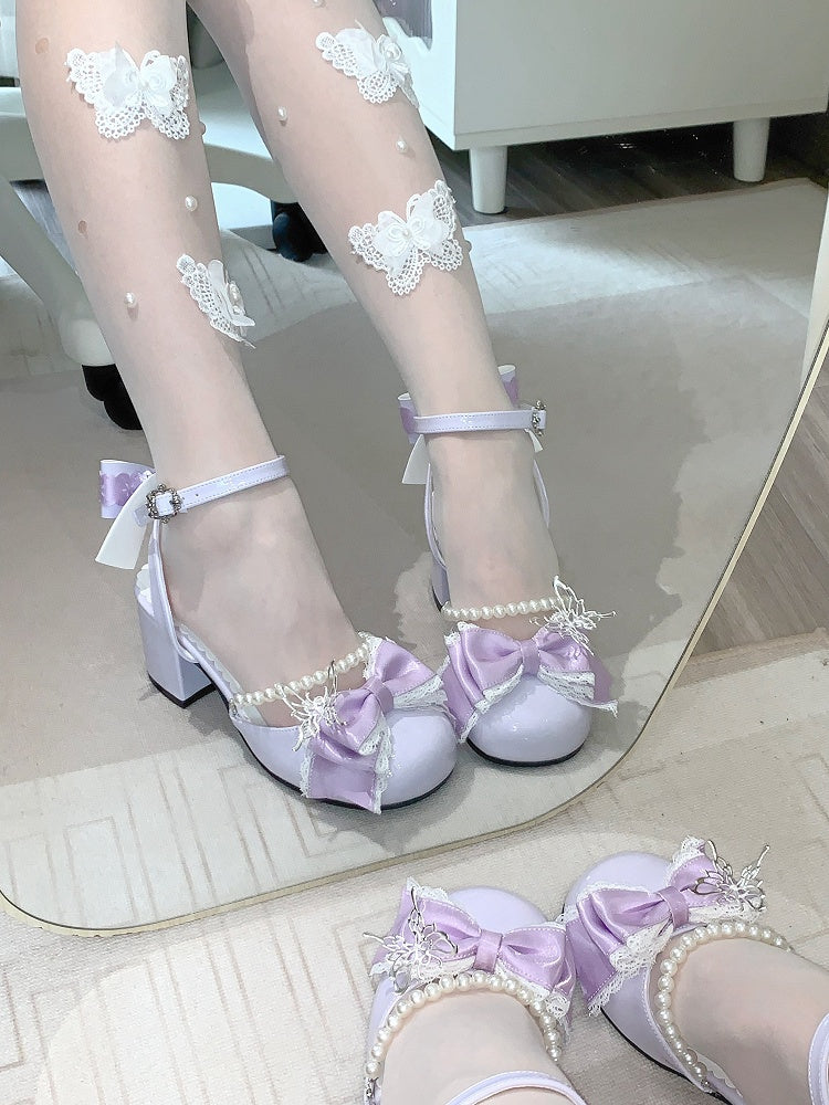 Mary Lolita Heels 6CM Accent Janes and Bow Chain Block Purple Bead Sweet Detachable
