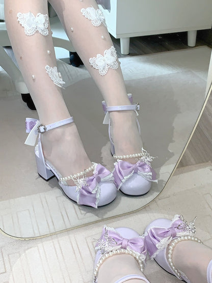 Mary Lolita Heels 6CM Accent Janes and Bow Chain Block Purple Bead Sweet Detachable