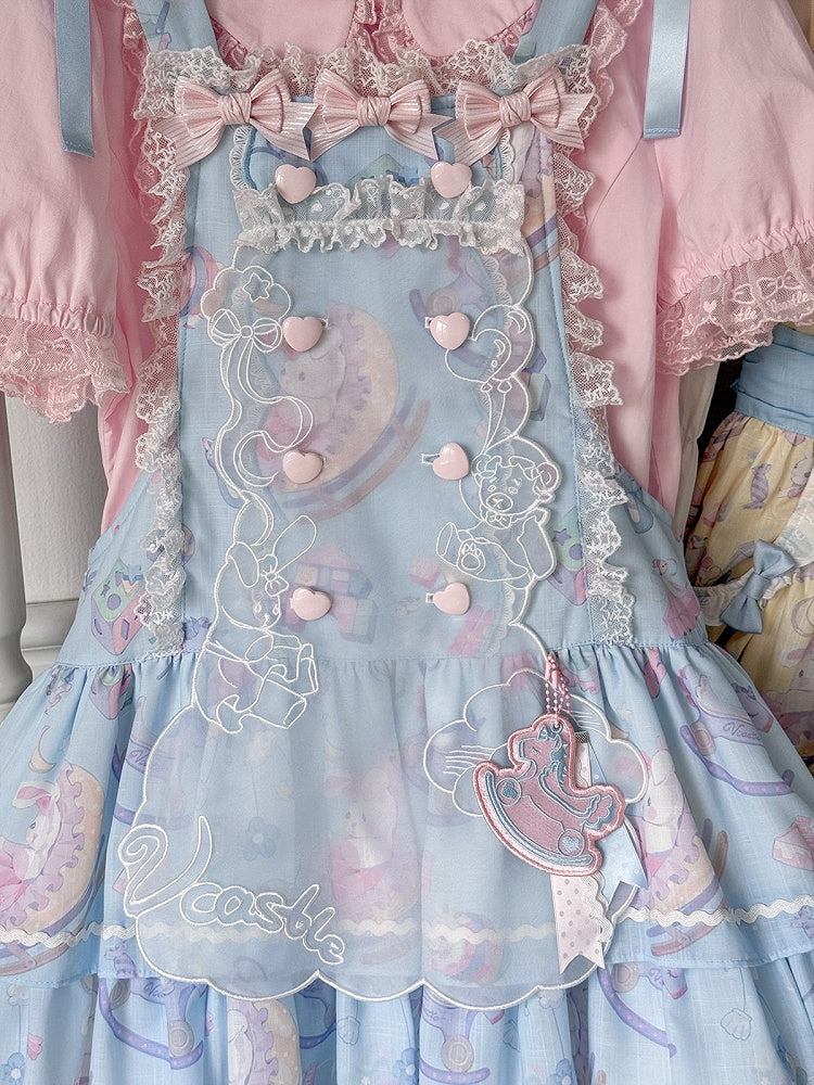 Cute Blue Lace Detailed Overall Gown with Detachable Apron Set - Vcastle