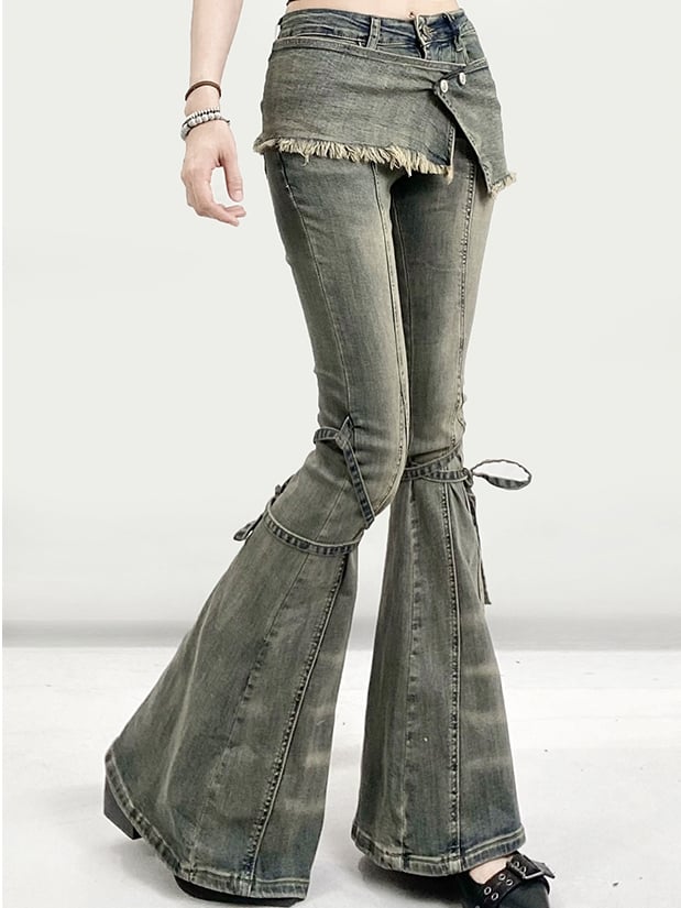 Design Jeans Silhouette Schnürung Verblasst Glamourös Waschung Bittersüß Detail Kawaii Grün Flare