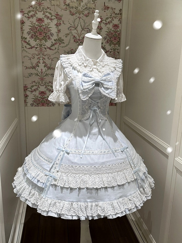 Snowfall-Themed Blue Cotton JSK Dress with Vintage Ruffle Accents