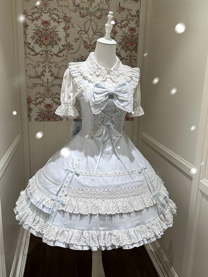 Snowfall-Themed Blue Cotton JSK Dress with Vintage Ruffle Accents