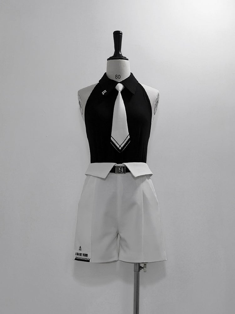Tie Lolita Neck Sleeveless White with Black Halter Wrist Cuffs and Ouji Top