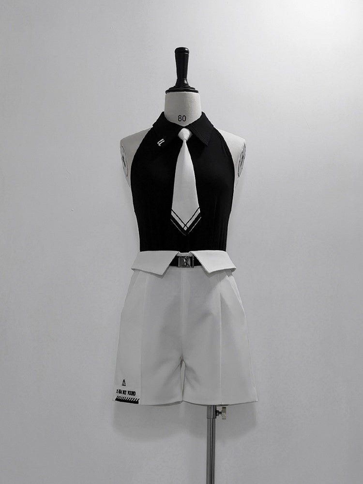 Neck Top with Wrist Black White Halter and Ouji Lolita Tie Sleeveless Cuffs