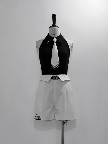 Neck Top with Wrist Black White Halter and Ouji Lolita Tie Sleeveless Cuffs
