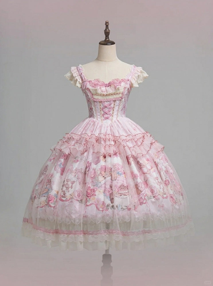 Pink Deer & Floral Print Flutter Sleeves Sweet Lolita JSK Dress with Overlay - Honey Machine