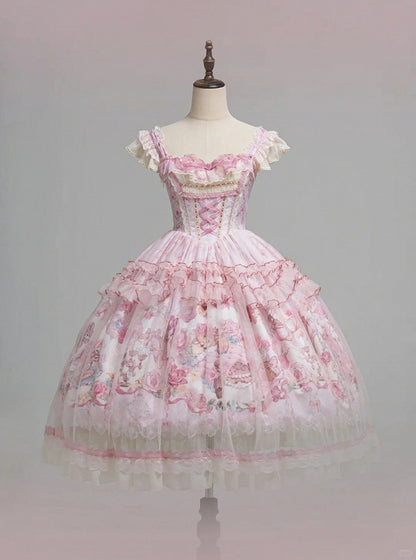 Pink Deer & Floral Print Flutter Sleeves Sweet Lolita JSK Dress with Overlay - Honey Machine