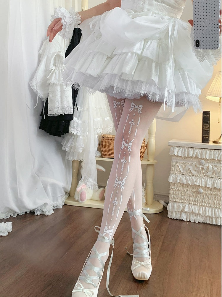 Strumpfhose Weiß Süßer Print Schleife und Kreuz Lolita