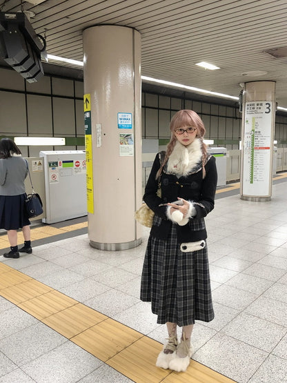 Rhinestone Accent Reversible with Faux White Double Fur Metal Red Cross Scarf