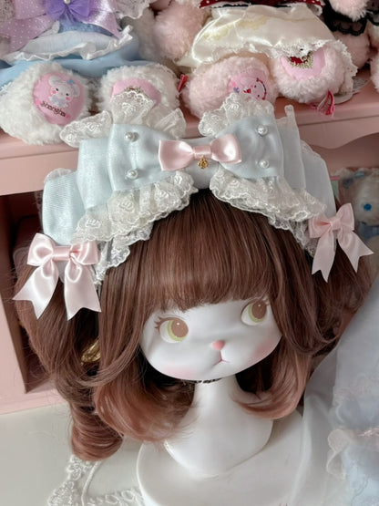 Beaded Lace Trim Decorated White/Beige/Blue Big Bow KC