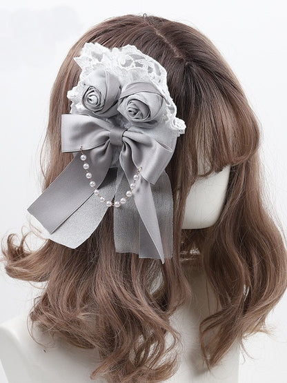 Lolita Gray Hairclip/Brooch Rose Bowknot Lace White