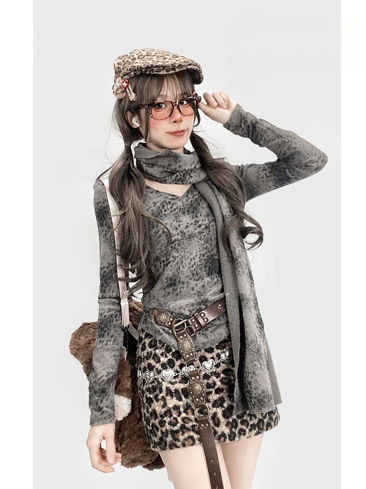 Kaffeefarbener Leoparden-Fleecerock mit zotteligem Futter