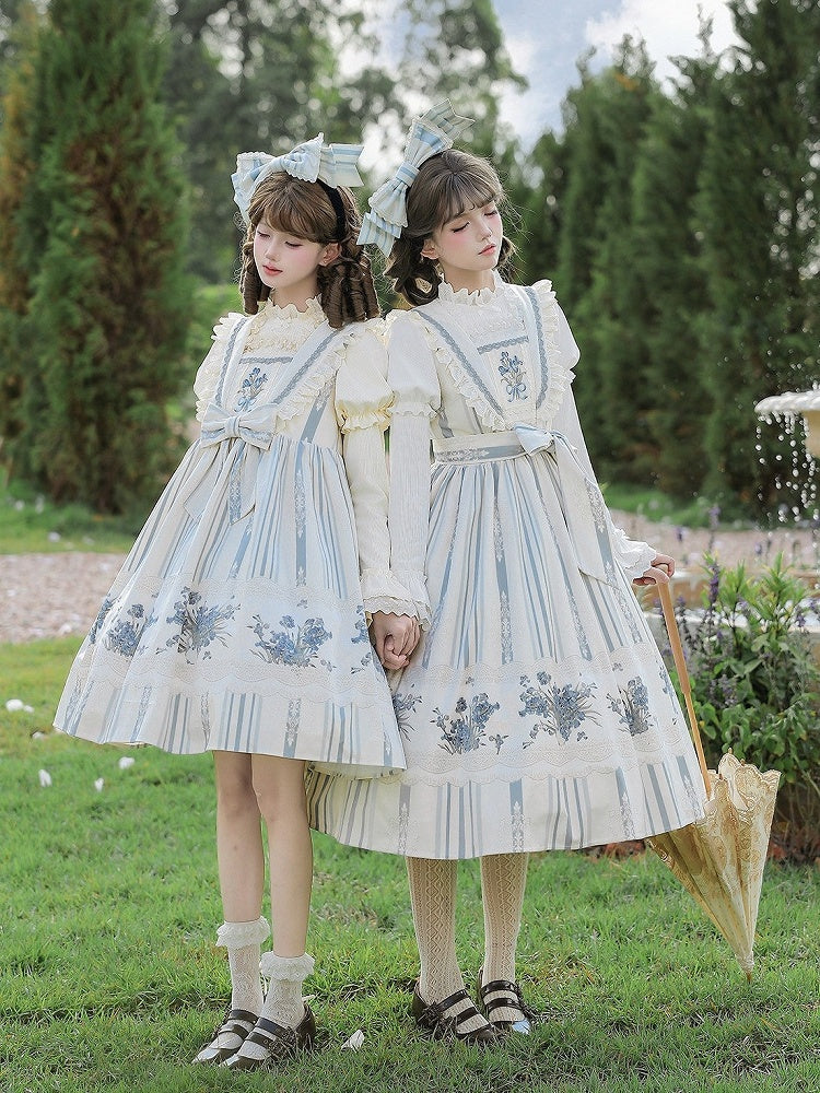 Long Blue & White Striped Floral Embroidered JSK Set with Knit Top, Belt & KC - With PUJI