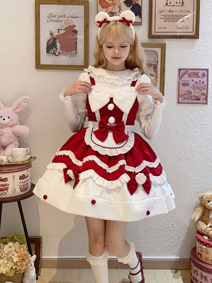 Plush Apron Bow Ruffle JSK Red Lolita Cute Trim Dress with